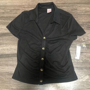 No Boundaries Black Ribbed Button-Front Collared Top - Size L (11-13) - NWT